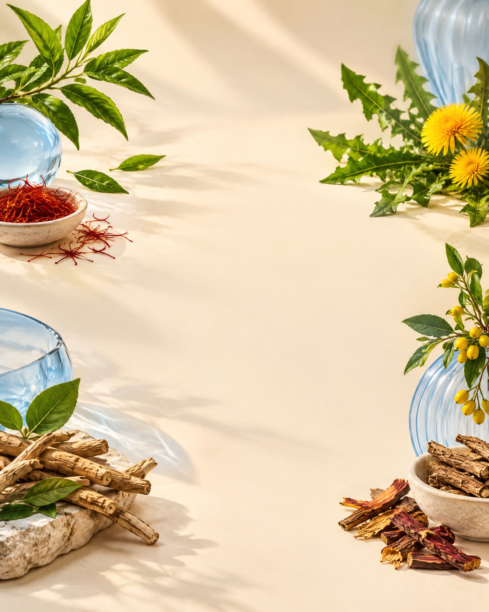 Botanical ingredients in a warm Nush still life