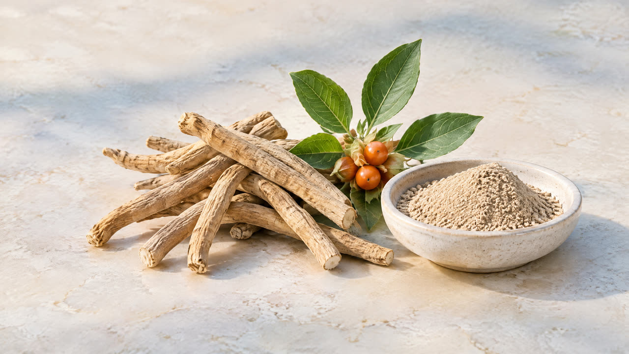 Ashwagandha roots, leaves, berries, and root extract