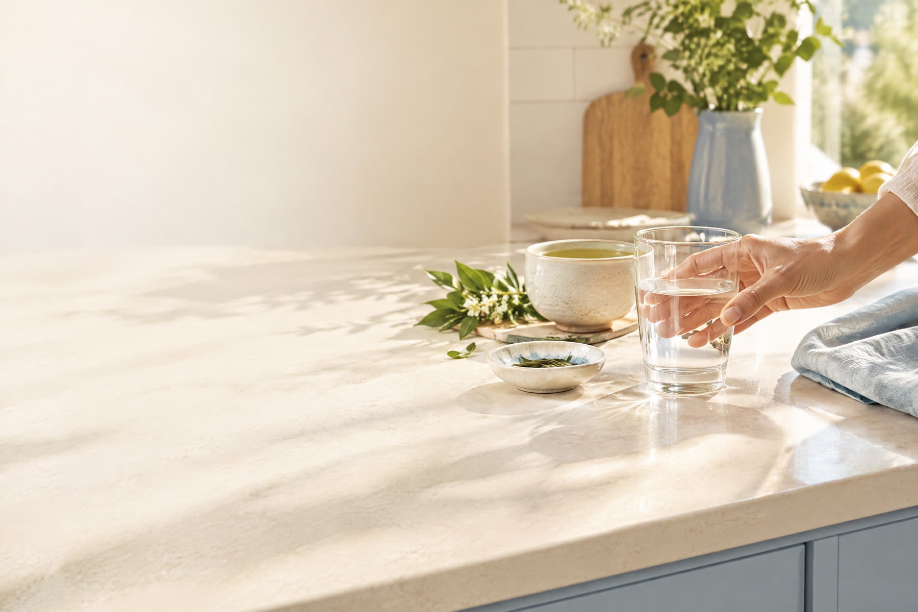 A calm daily wellness routine in a sunlit kitchen